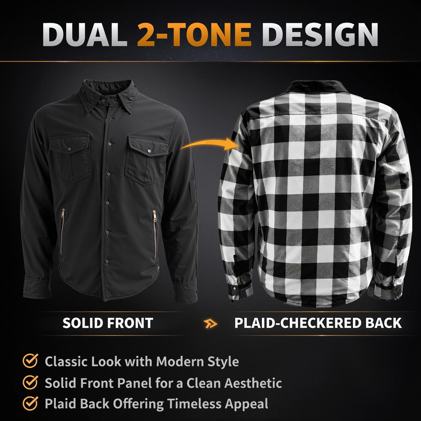 Milwaukee Leather Men’s Two-Tone CE Armored Flannel - Solid Front / Plaid Back - Reinforced w/ Aramid Fibers - MPM1673