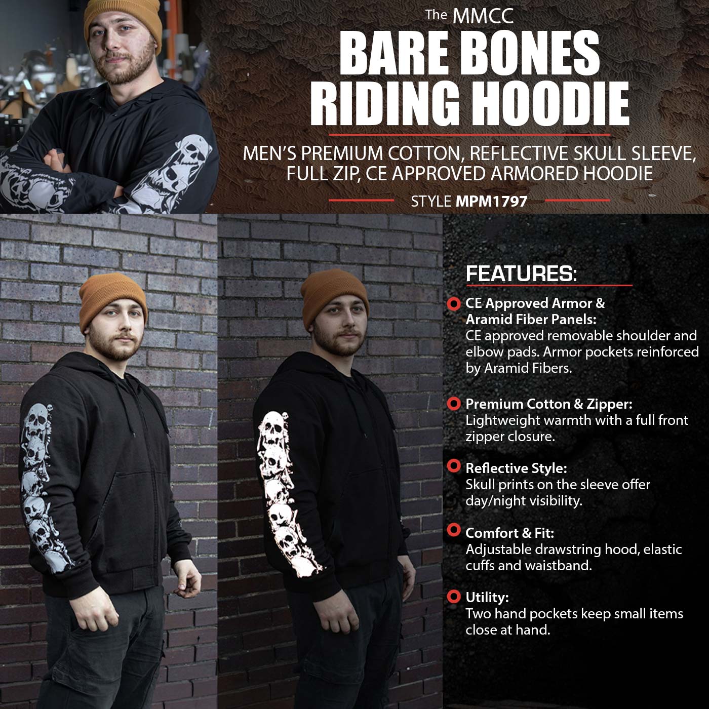 Milwaukee Leather Men's Bare Bones Black Reflective Skull CE Armored Riding Hoodie, Shoulder & Elbow Armor - MPM1797
