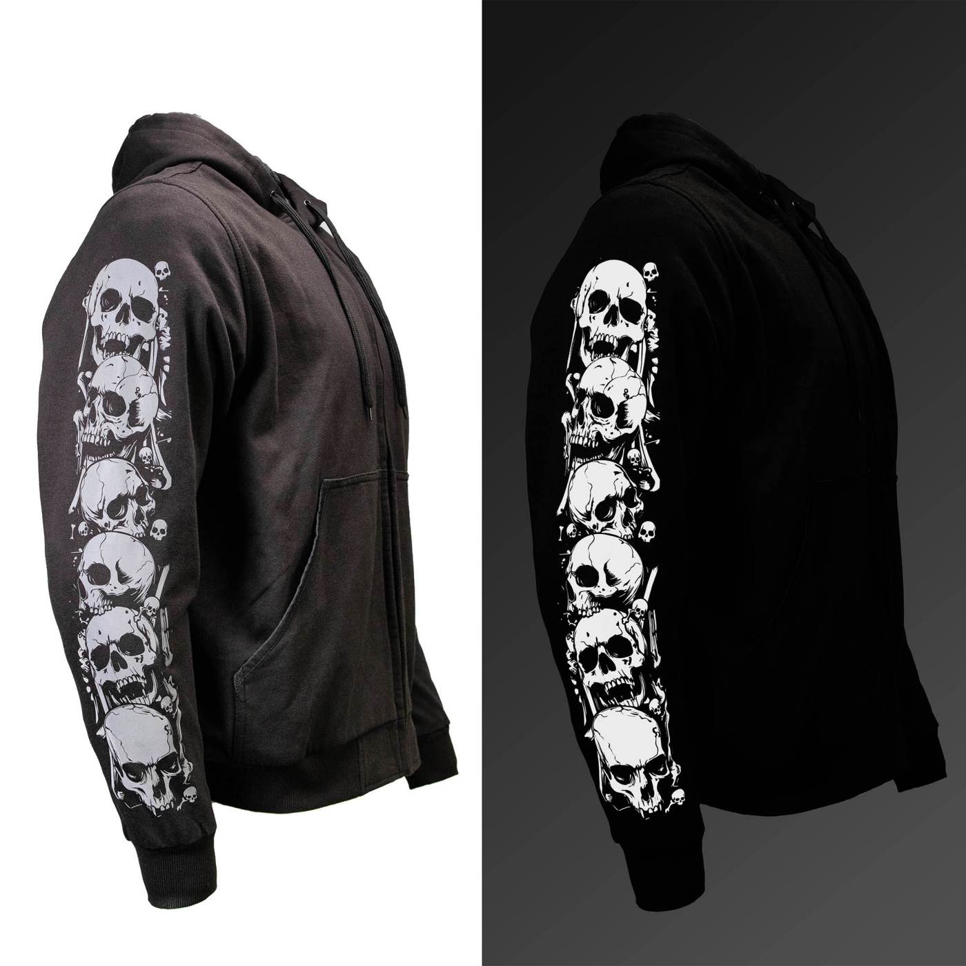 Milwaukee Leather Men's Bare Bones Black Reflective Skull CE Armored Riding Hoodie, Shoulder & Elbow Armor - MPM1797