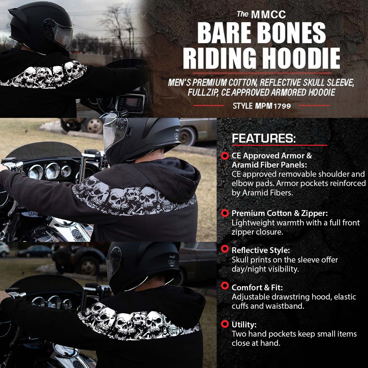 Milwaukee Leather Men's Bare Bones Black Reflective Skull CE Armored Riding Hoodie, Shoulder & Elbow Armor - MPM1798