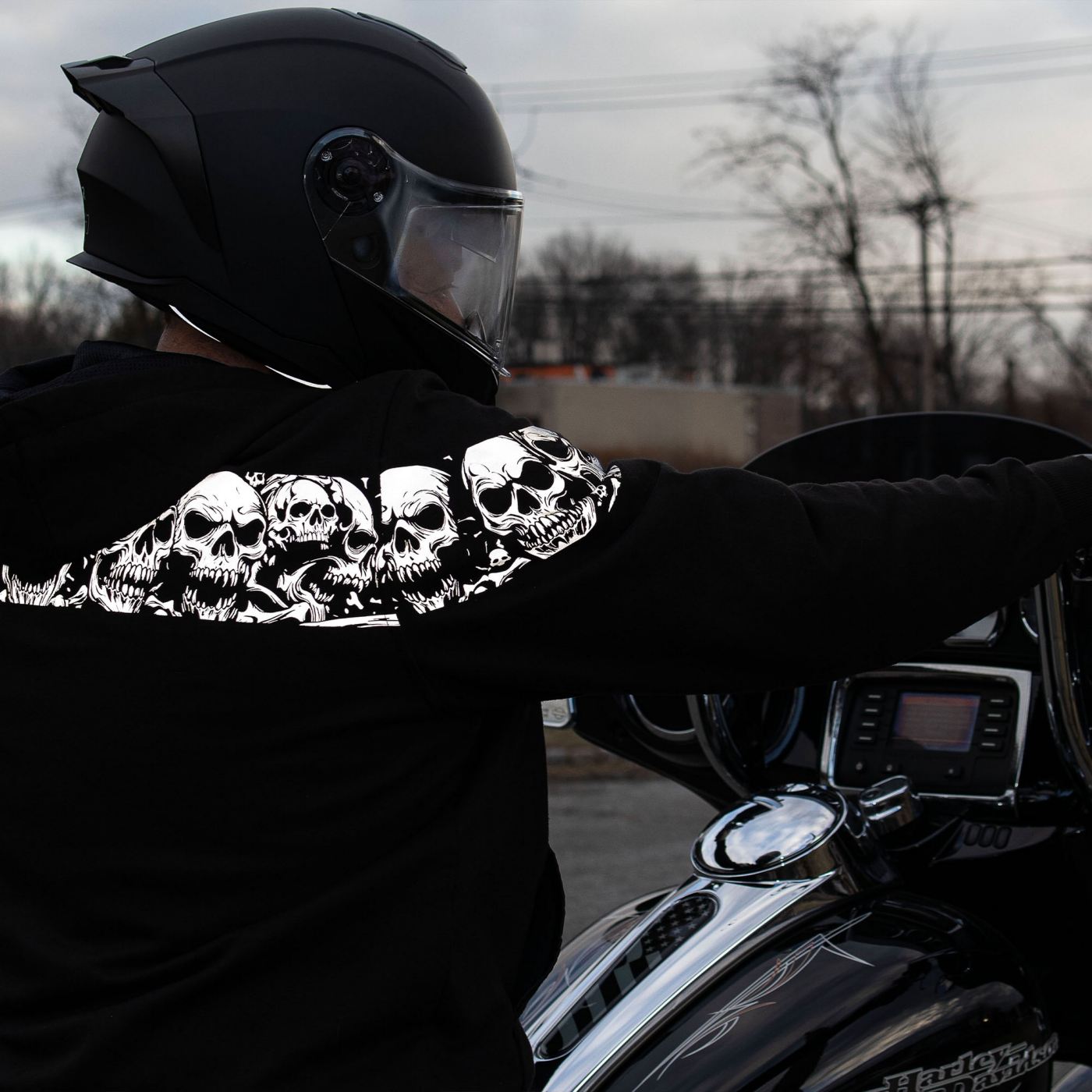 Milwaukee Leather Men's Bare Bones Black Reflective Skull CE Armored Riding Hoodie, Shoulder & Elbow Armor - MPM1798