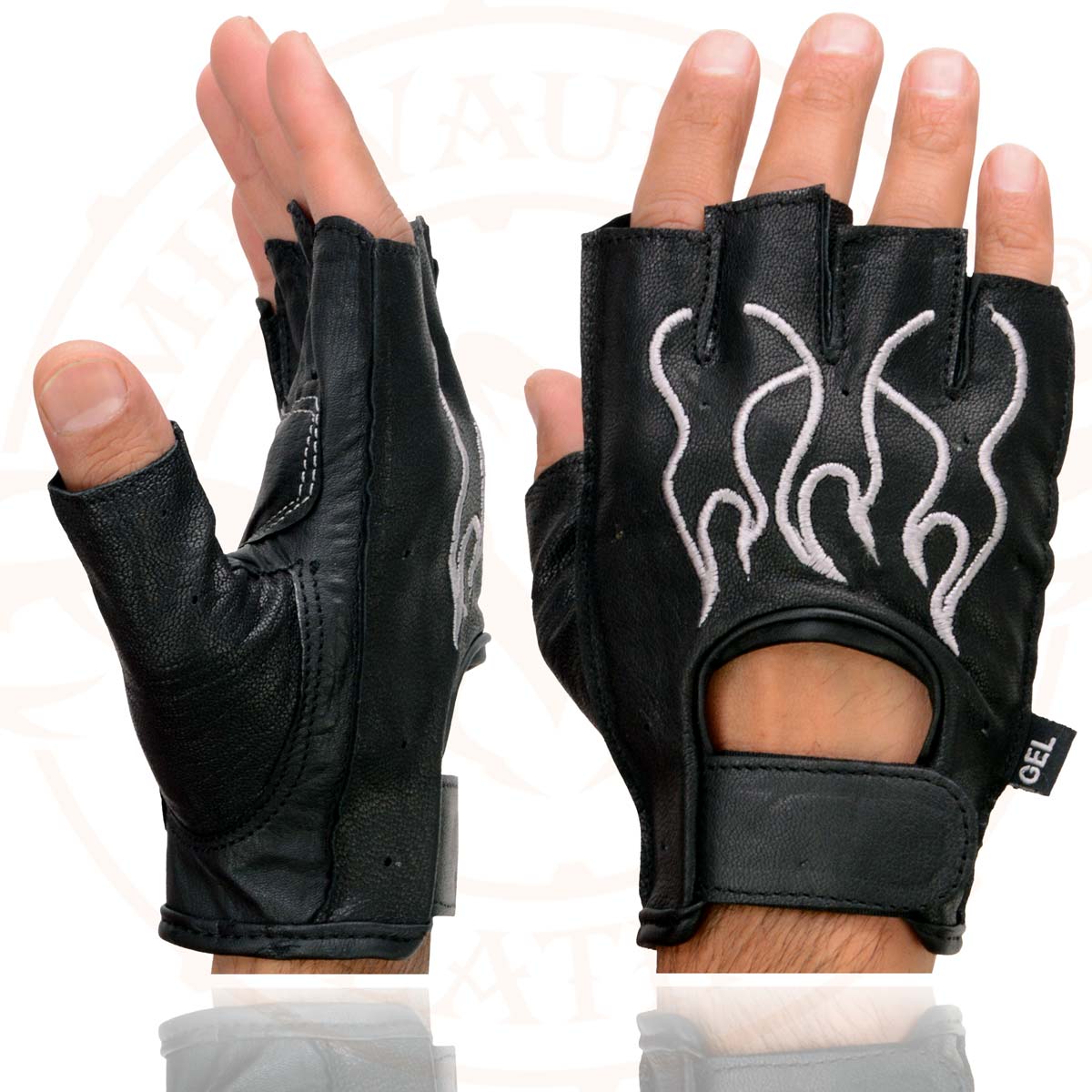 Milwaukee Leather SH198 Men's Black Leather Gel Padded Palm Fingerless Motorcycle Hand Gloves W/ ‘Grey Flame Embroidered’