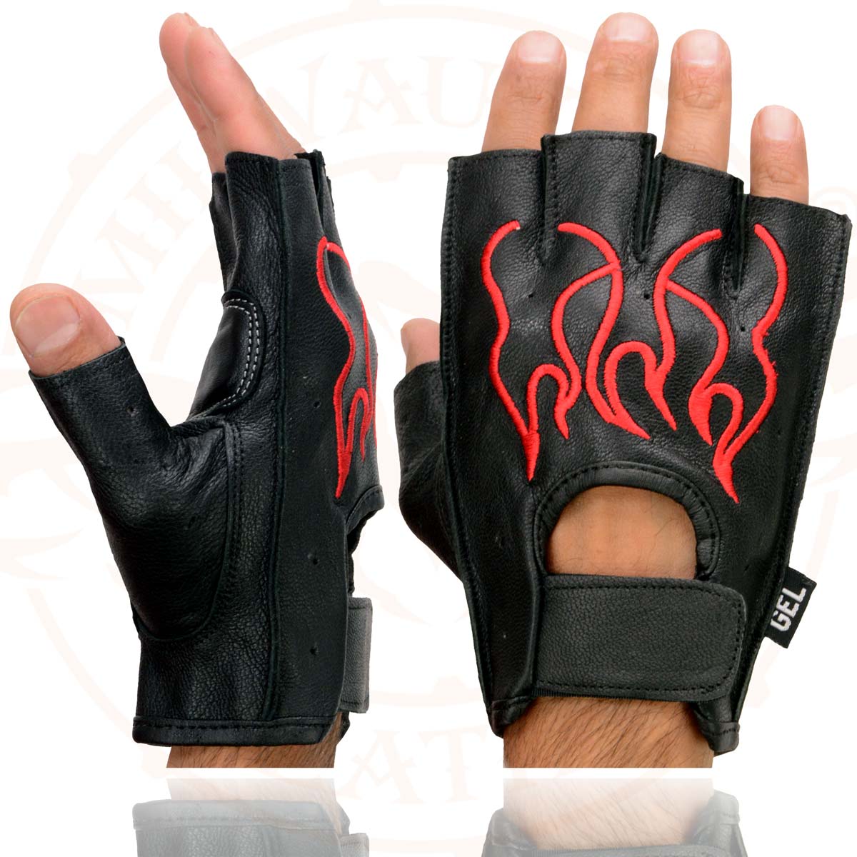 Milwaukee Leather SH198 Men's Black Leather Gel Padded Palm Fingerless Motorcycle Hand Gloves W/ ‘Red Flame Embroidered’