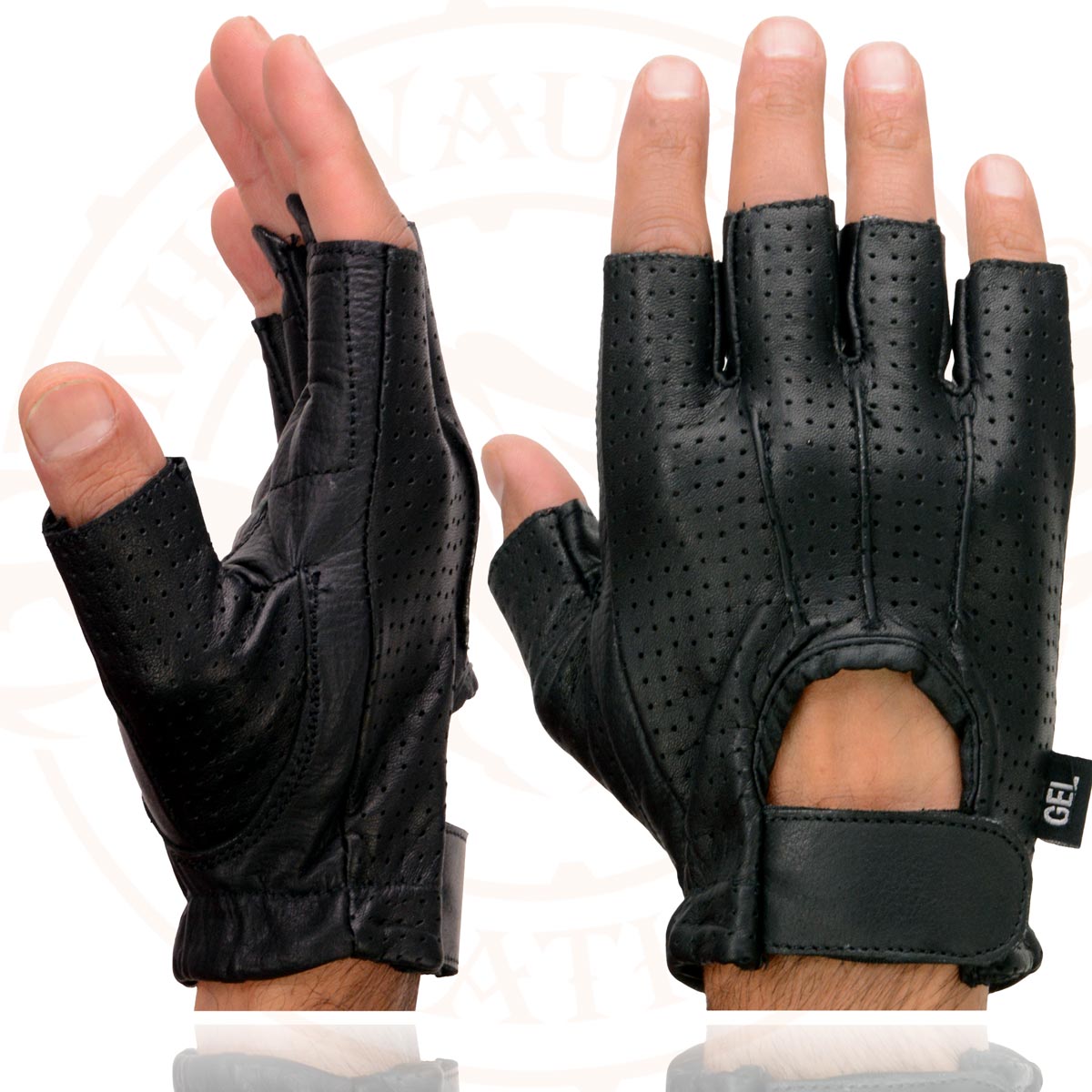 Milwaukee Leather SH357 Men's Black Leather Gel Padded Palm Fingerless Motorcycle Hand Gloves W/ ‘Welted Perforated Leather’