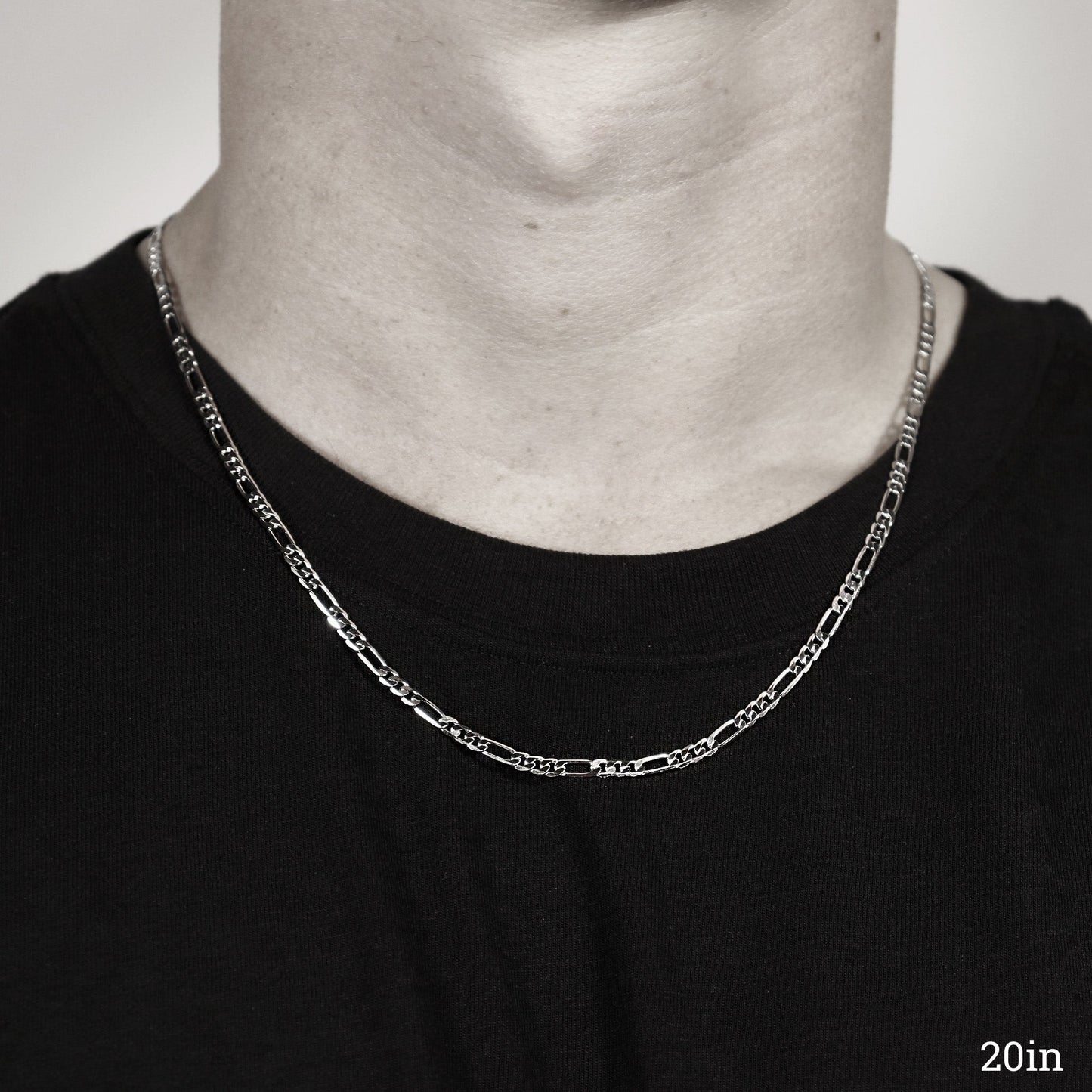 Sterling Silver Platinum Plated Diamond Cut Figaro Chain