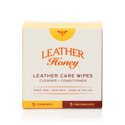 Box of Leather Honey leather care wipes on a white background