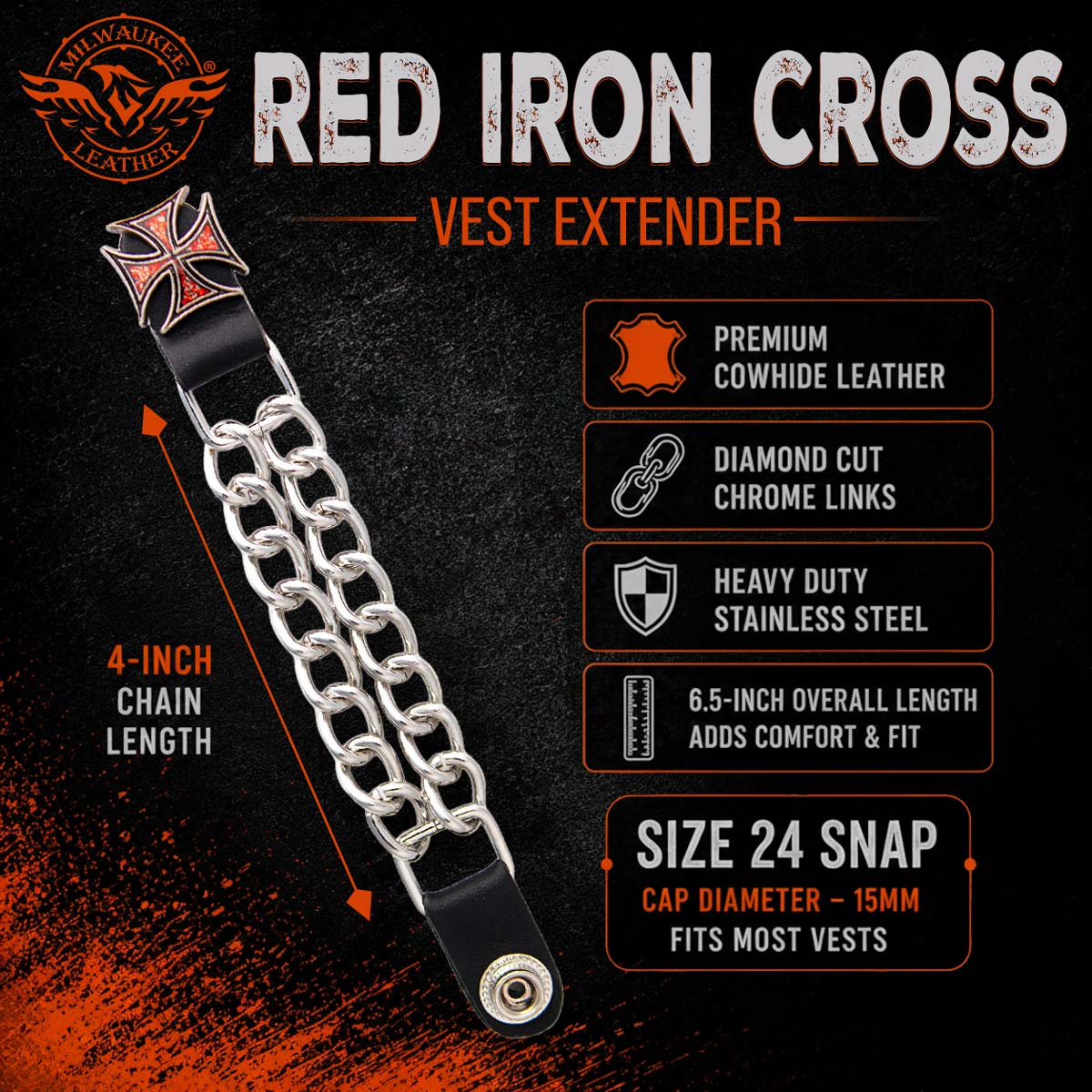 Milwaukee Leather 1-PC Vest Extender Red Iron Cross, Double Chrome Chains - 4-Inch - MLA1029-SINGLE