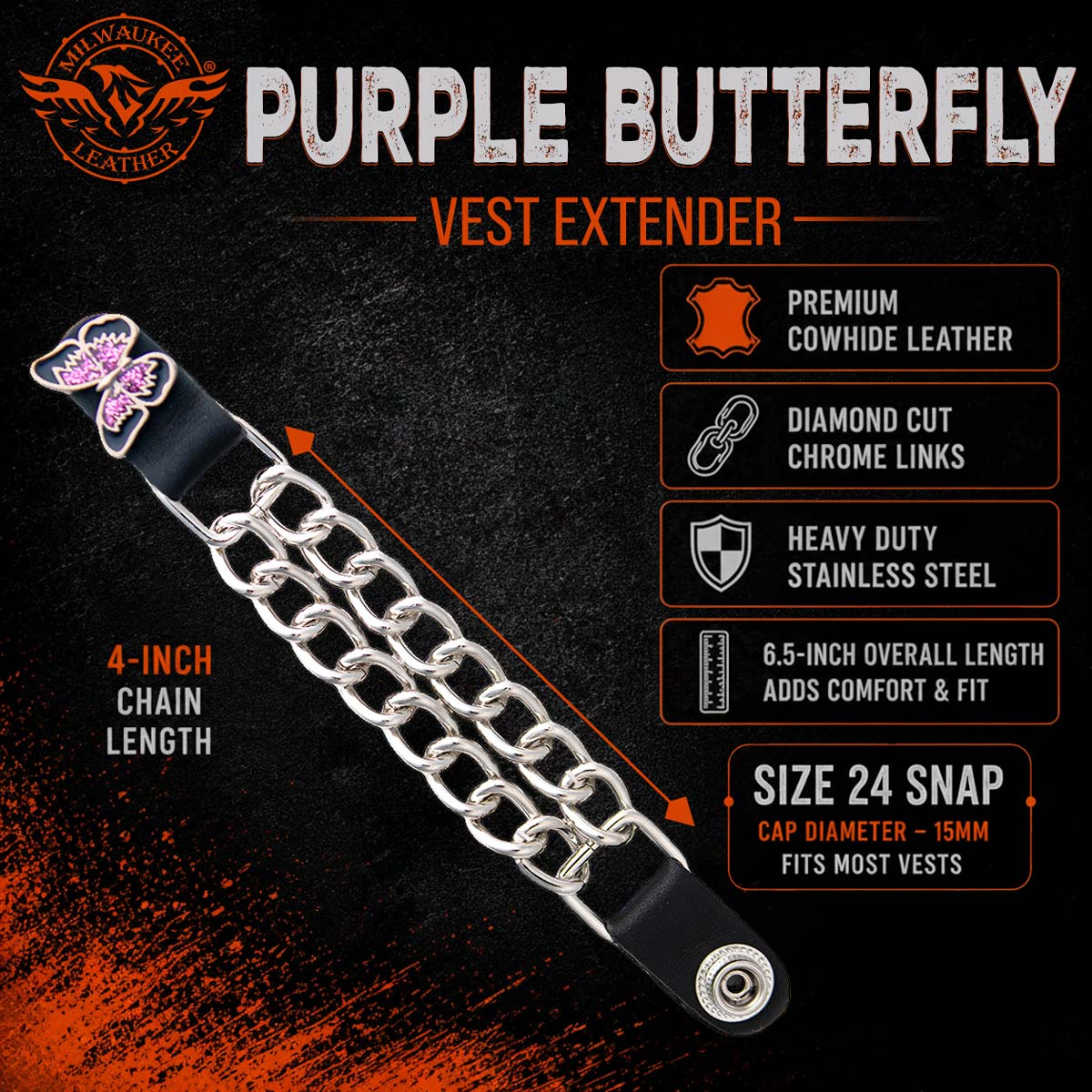Milwaukee Leather 1-PC Vest Extender Purple Butterfly, Double Chrome Chains - 4-Inch - MLA1037-SINGLE