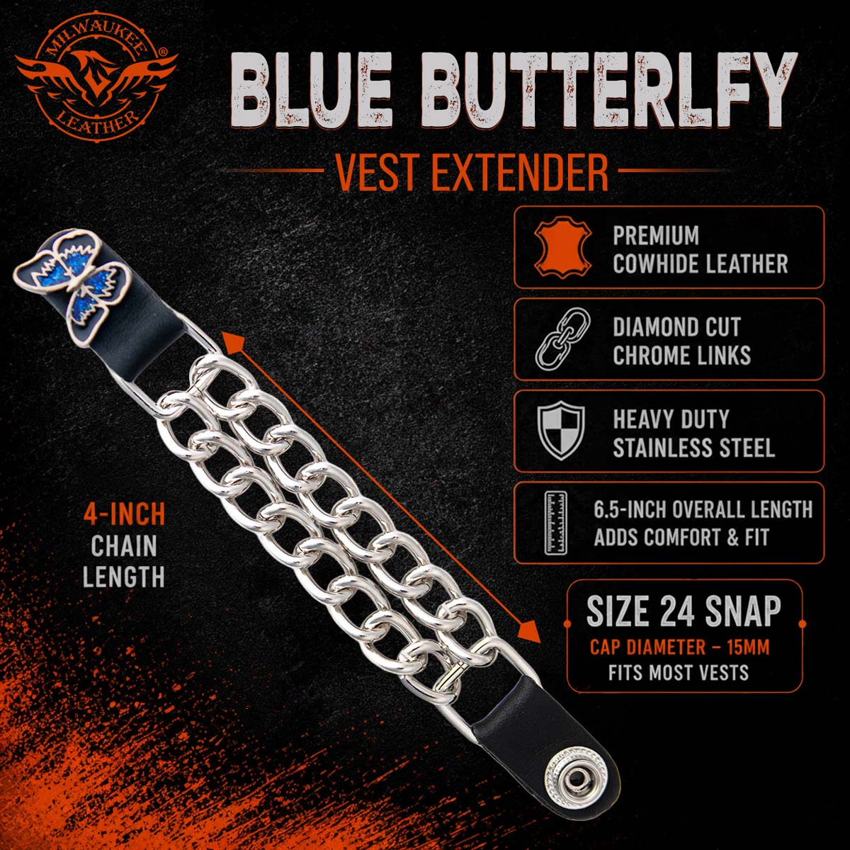 Milwaukee Leather 1-PC Vest Extender Blue Butterfly, Double Chrome Chains - 4-Inch - MLA1039-SINGLE