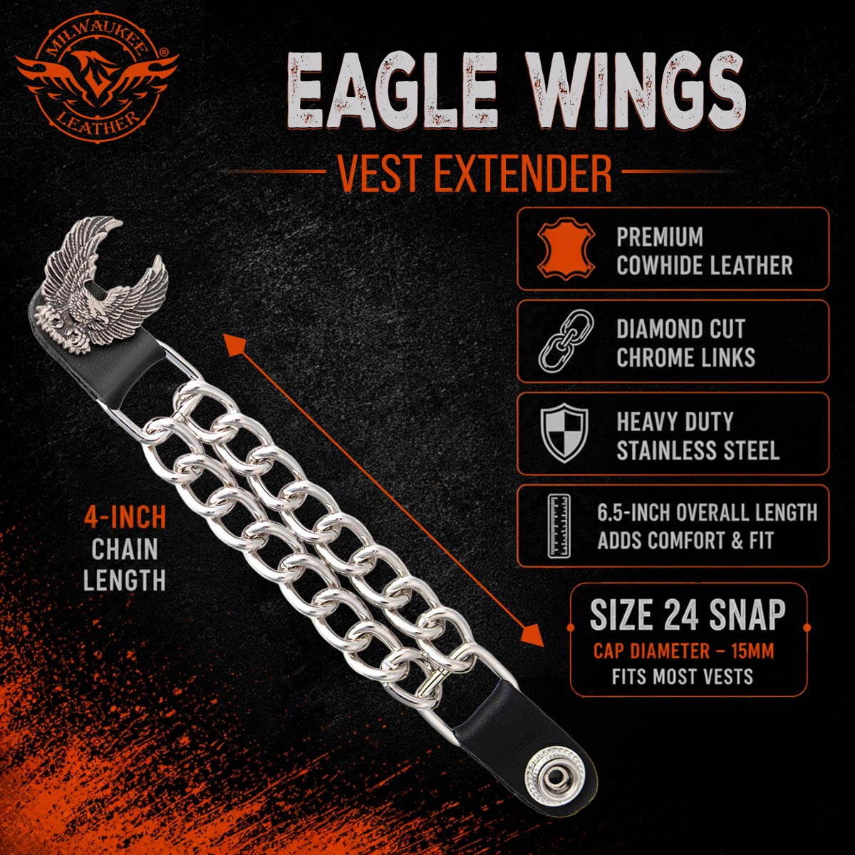 Milwaukee Leather 1-PC Vest Extender Eagle With Wings, Double Chrome Chains - 4-Inch - MLA1046-SINGLE