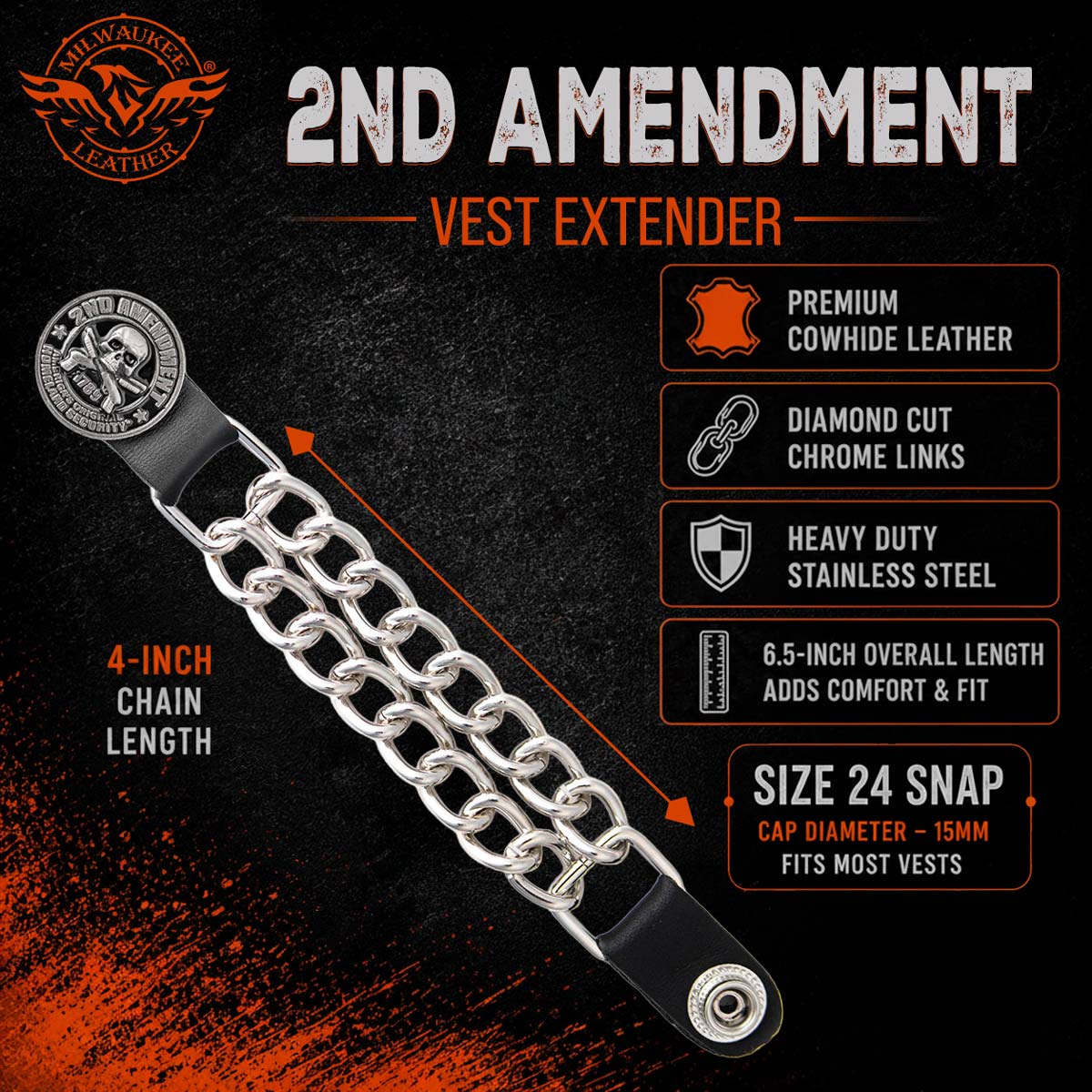 Milwaukee Leather 1-PC Vest Extender 2nd Amendment, Double Chrome Chains - 4-Inch - MLA1047-SINGLE