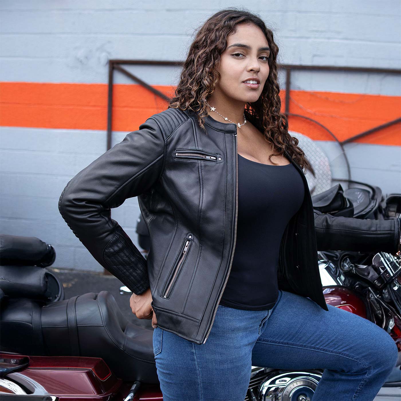 Milwaukee Motorcycle Clothing Co. Women’s Rebel Scooter Style Black Leather Biker Jacket w/ Mandarin Collar MMC20002