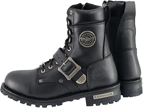 Milwaukee Leather MBM101 Men's Black Leather Lace-Up Engineer Motorcycle Boots w/ Buckles and Side Zipper Entry