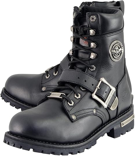 Milwaukee Leather MBM101 Men's Black Leather Lace-Up Engineer Motorcycle Boots w/ Buckles and Side Zipper Entry