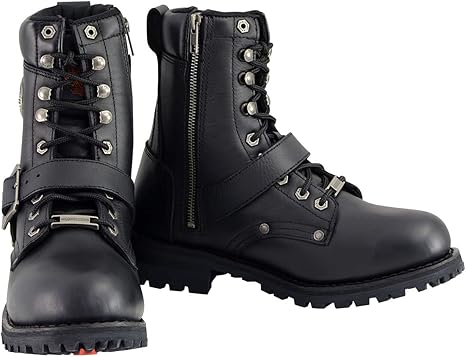 Milwaukee Leather MBM101 Men's Black Leather Lace-Up Engineer Motorcycle Boots w/ Buckles and Side Zipper Entry