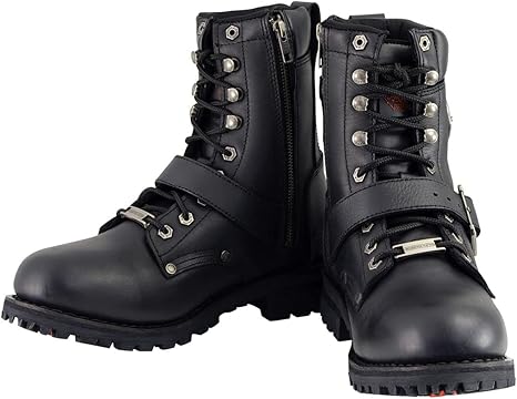 Milwaukee Leather MBM101 Men's Black Leather Lace-Up Engineer Motorcycle Boots w/ Buckles and Side Zipper Entry