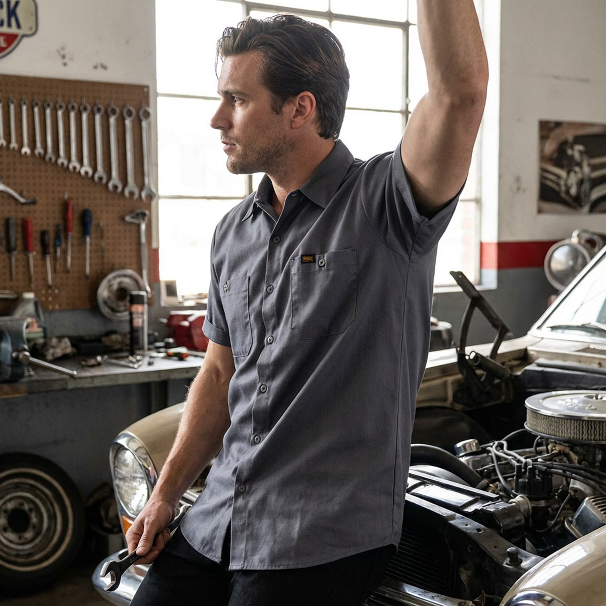 Milwaukee Leather MDM11668 Men’s Grey Button-Up Heavy-Duty Work Shirt - Classic Mechanic Shirt w/ Pockets