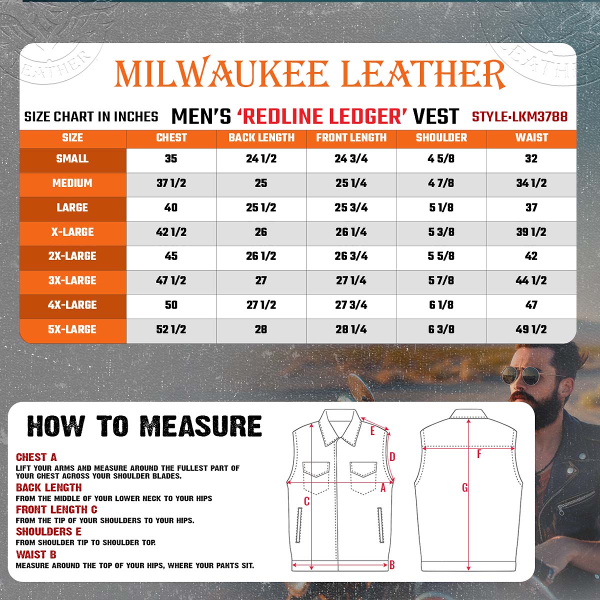 Milwaukee Leather Men's Redline Ledger Club‑Style Motorcycle Premium Leather Vest w/ Red Stitching LKM3788