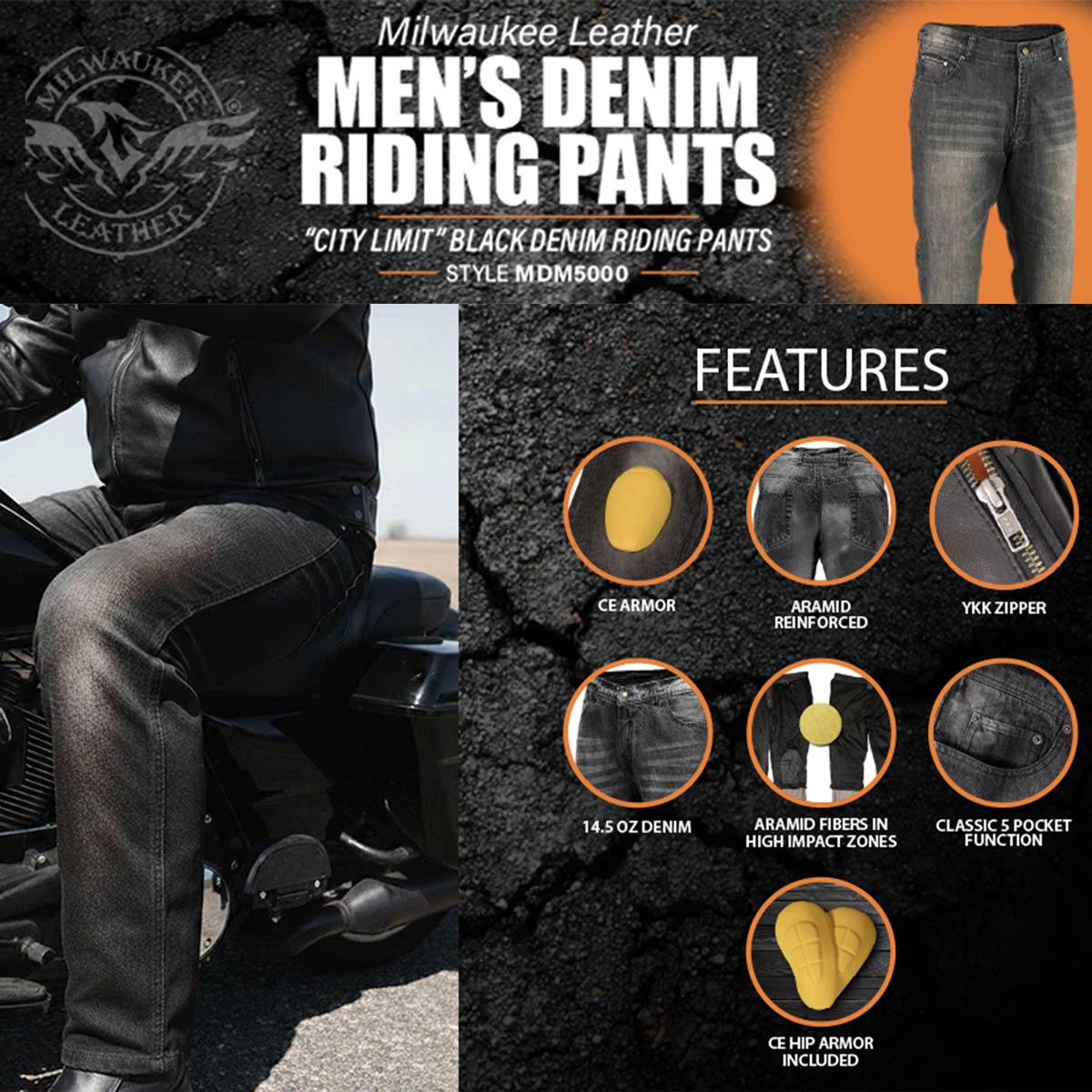 Milwaukee Leather MDM5001 Men's Metro Black CE Armored Motorcycle Riding Denim Jeans Reinforced w/ Aramid Fibers