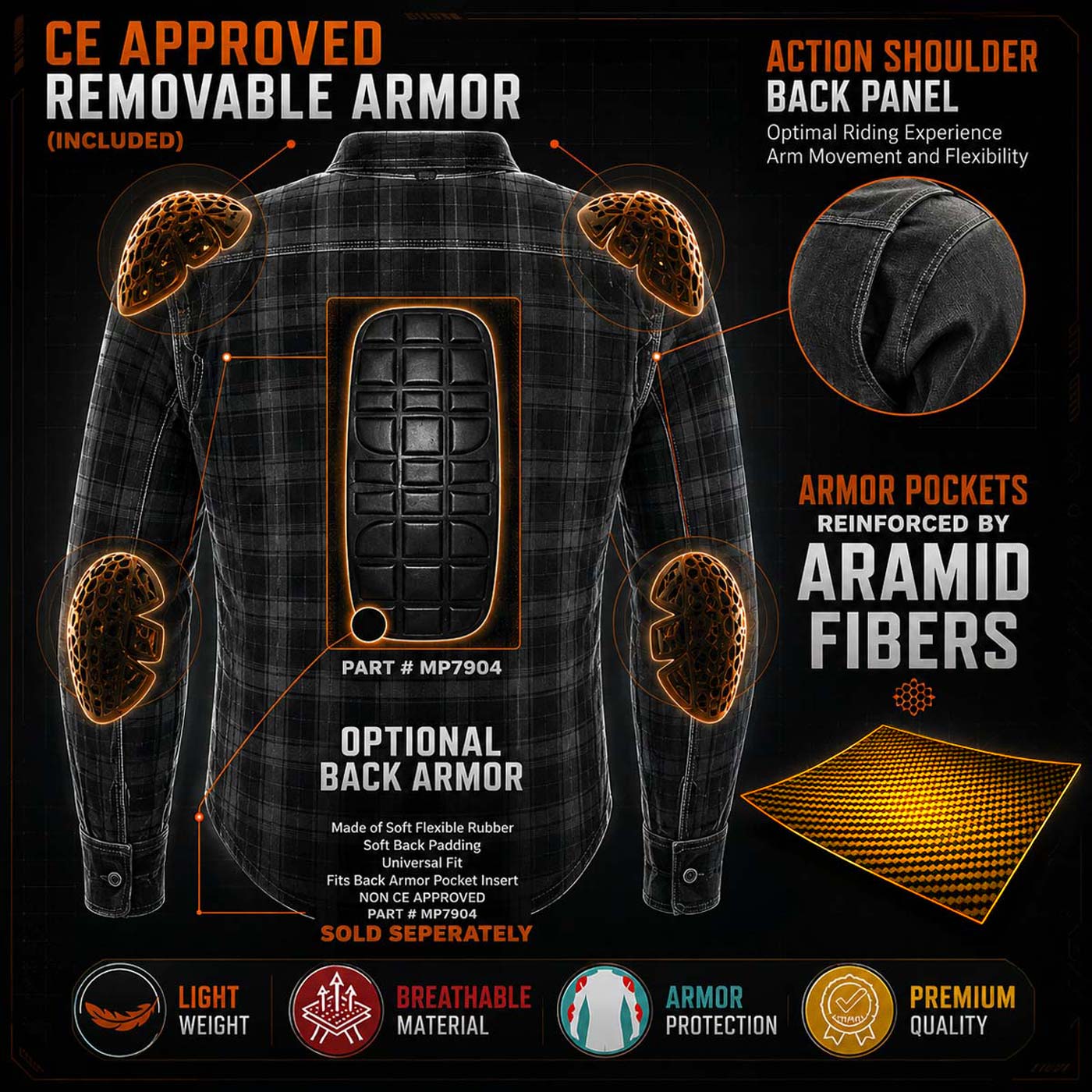 Milwaukee Leather Men’s Titans Orange & Black Plaid Hooded Riding Shirt w/ CE Armor & Aramid Fiber Panels - MPM1642