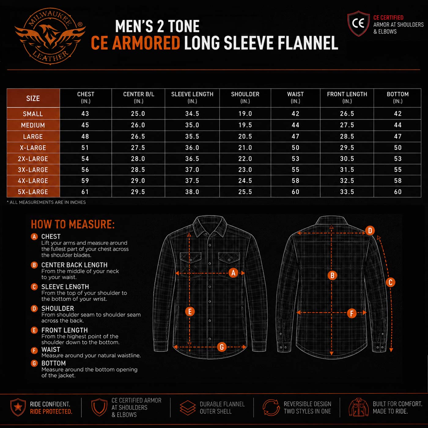 Milwaukee Leather Men’s Splitline Molten 2-Tone CE Armored Protective Flannel - Kevlar® Reinforced - MPM1672