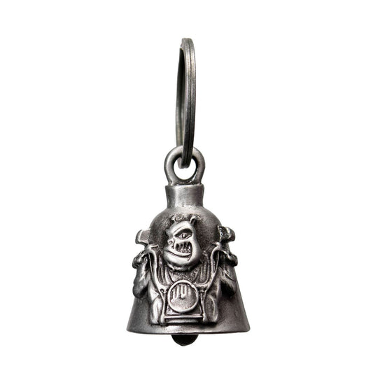 A silver-colored metal bell with an embossed bull dog and bike design, intended as a motorcycle accessory.