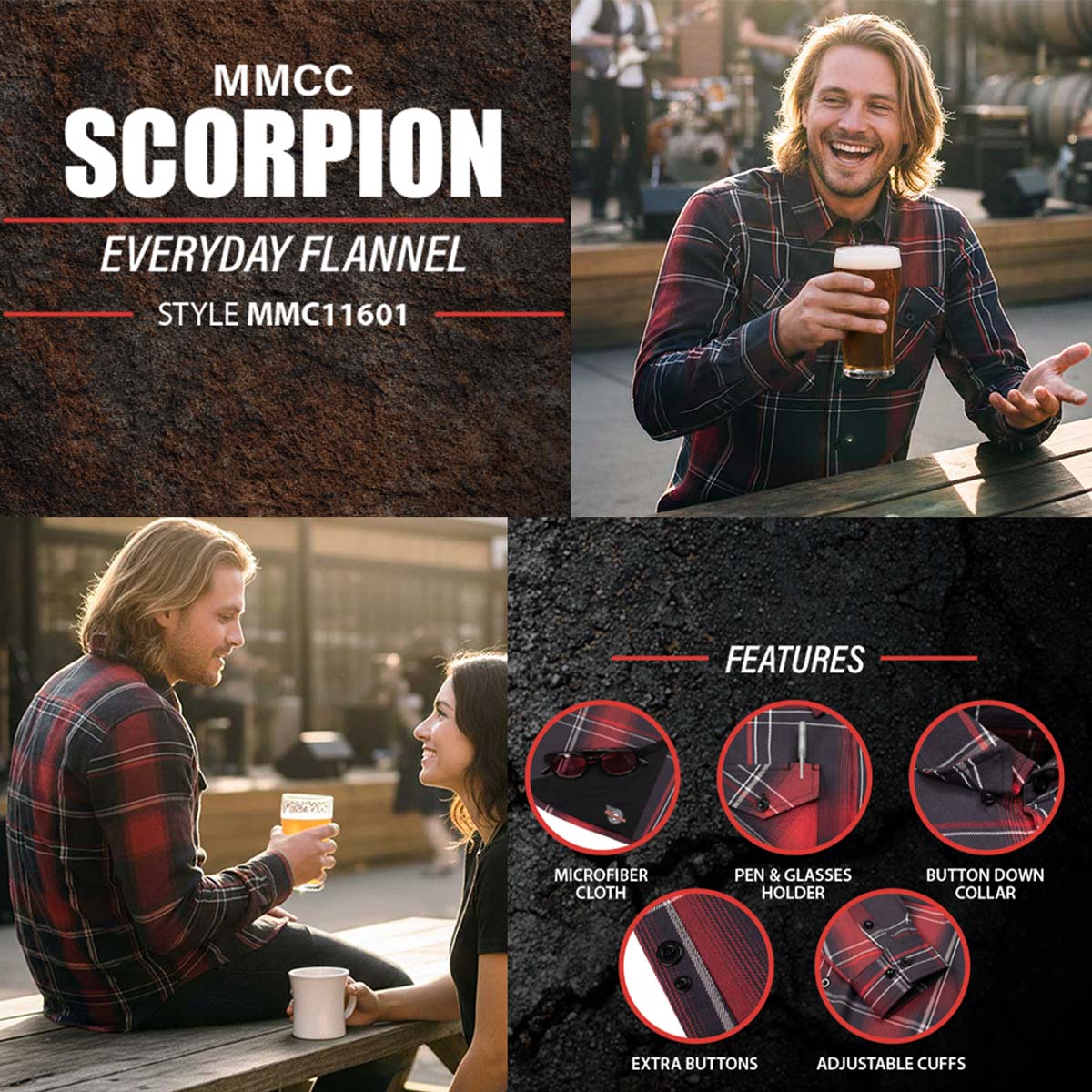 MMCC Scorpion Men's Red Black White Plaid Flannel Shirt - 100% Cotton Long Sleeve Button-Up - MMC11601