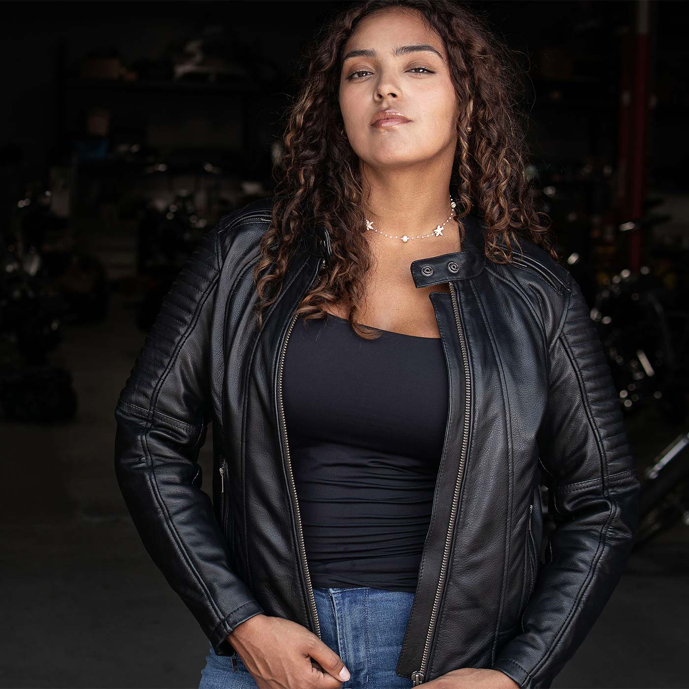 Milwaukee Motorcycle Clothing Co. Women's Foxy Scooter Style Black Premium Leather Jacket w/ Mandarin Collar MMC20000