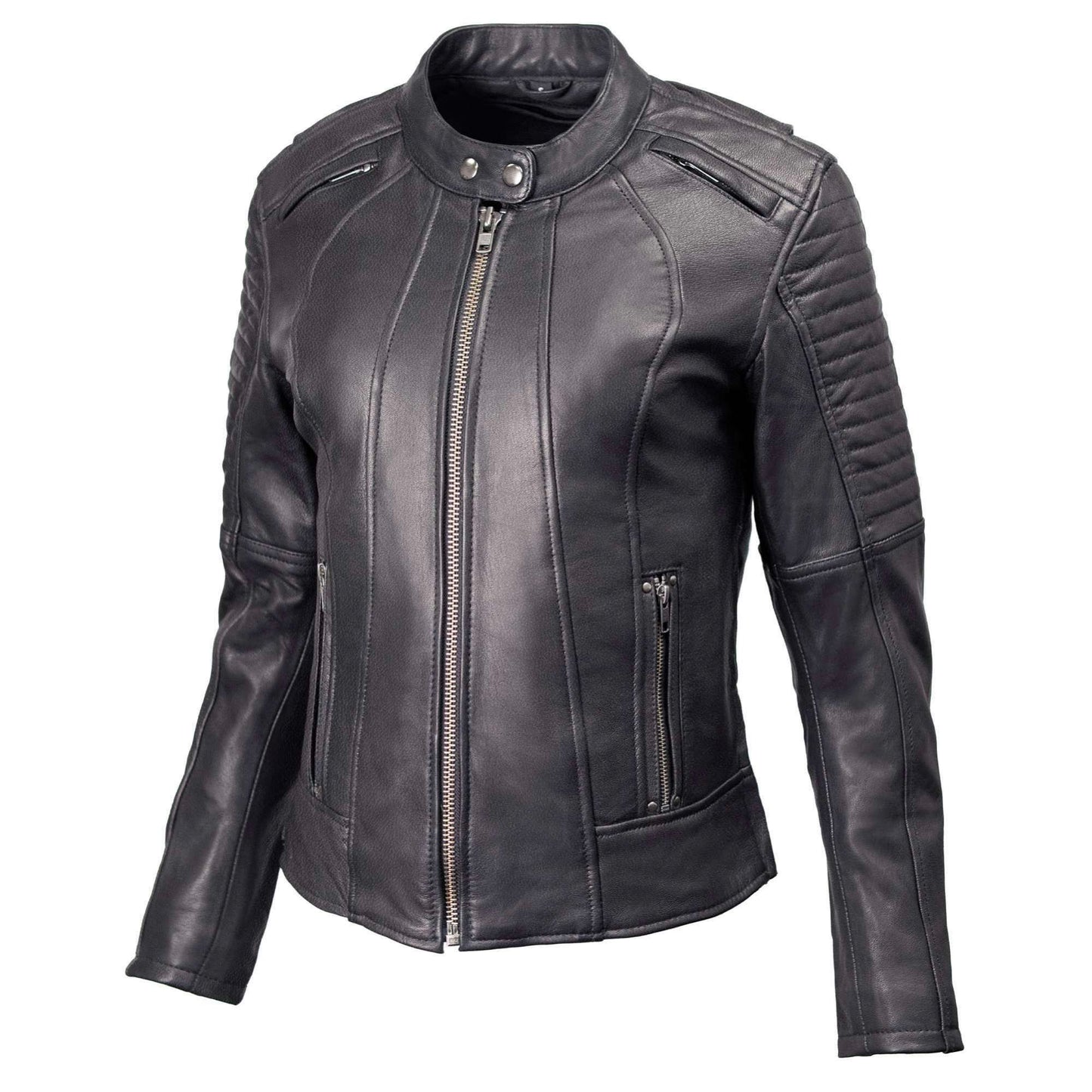 Milwaukee Motorcycle Clothing Co. Women's Foxy Scooter Style Black Premium Leather Jacket w/ Mandarin Collar MMC20000
