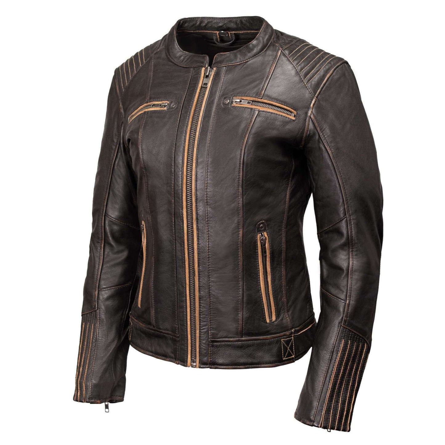 Milwaukee Motorcycle Clothing Co. Women’s Rebel Scooter Style Vinage Brown Leather Jacket w/ Mandarin Collar MMC20003