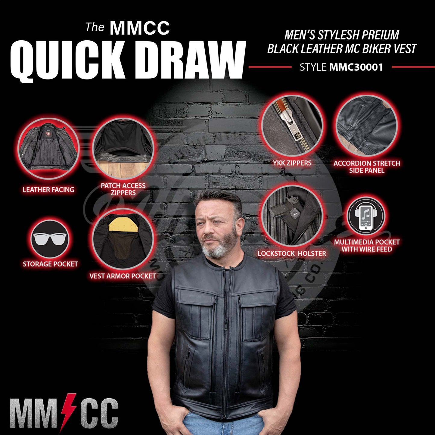 Milwaukee Motorcycle Clothing Co. Men's Quick-Draw Stylesh Premium Black Leather MC Biker Vest MMC30001