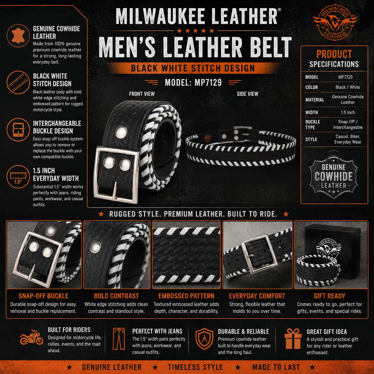Milwaukee Leather Men's Black White Stitch Leather Belt w/ Interchangeable Buckle - 1.5 inches Wide - MP7129