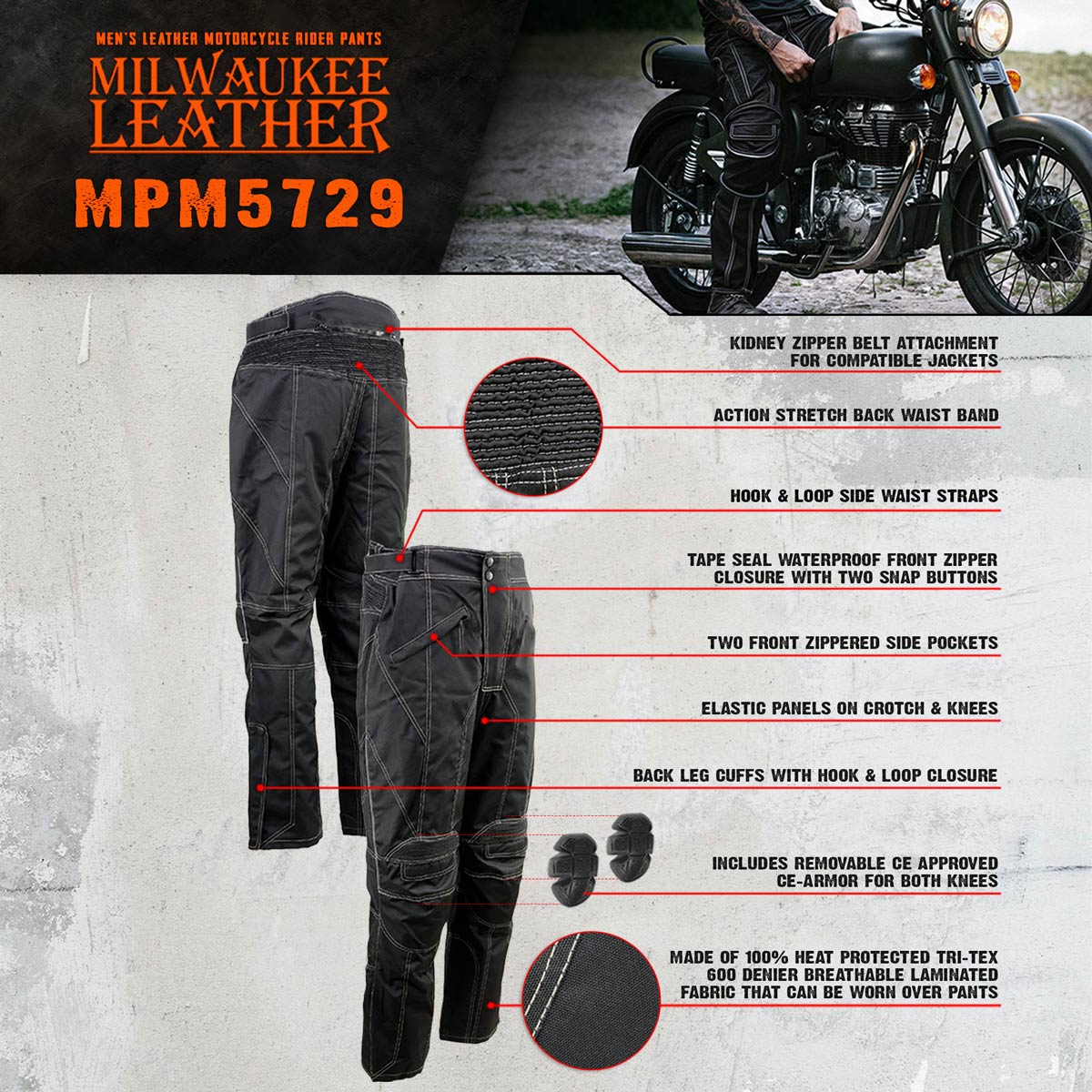 Milwaukee Leather MPM5729 Men's Black Tri-Tex Fabric Motorcycle Rider Pants w/ CE Armor Protection