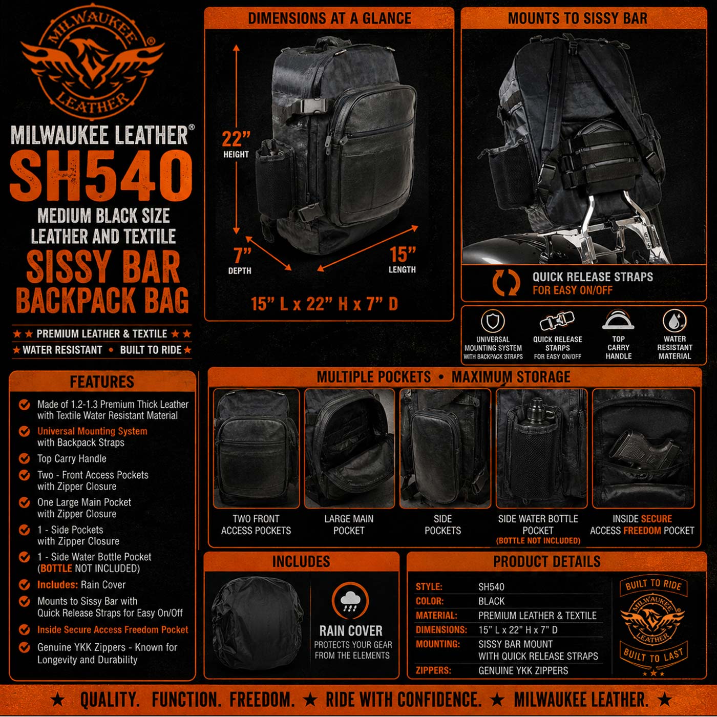 Milwaukee Leather SH540 Medium Black Size Leather and Textile Motorcycle Sissy Bar Back Pack Bag