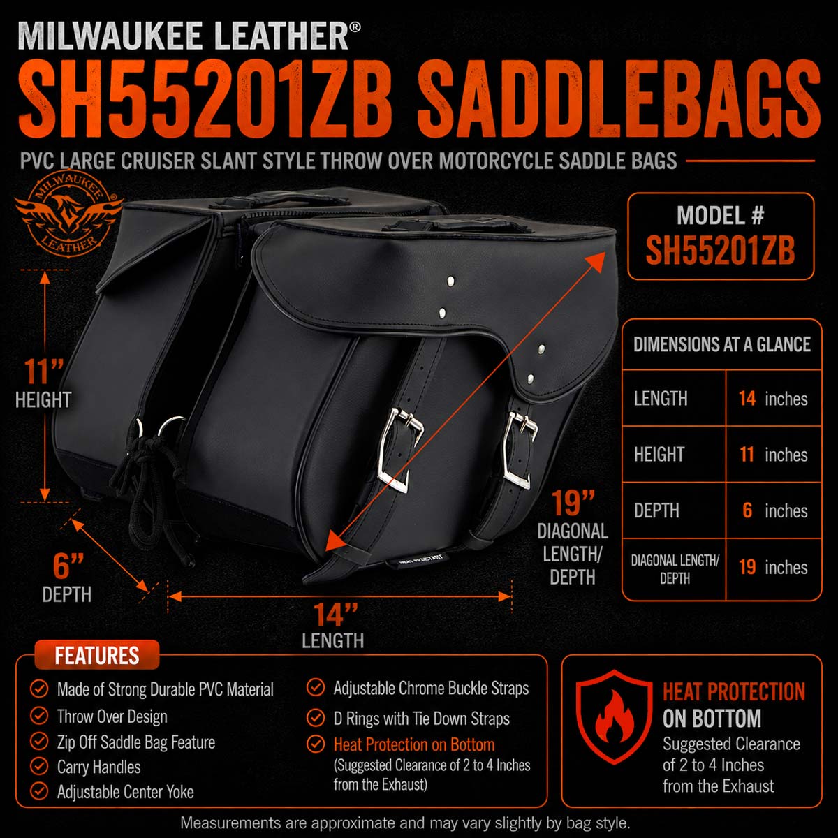 Milwaukee Leather SH55201ZB Black Large PVC Zip-Off Throwover Motorcycle Saddlebags