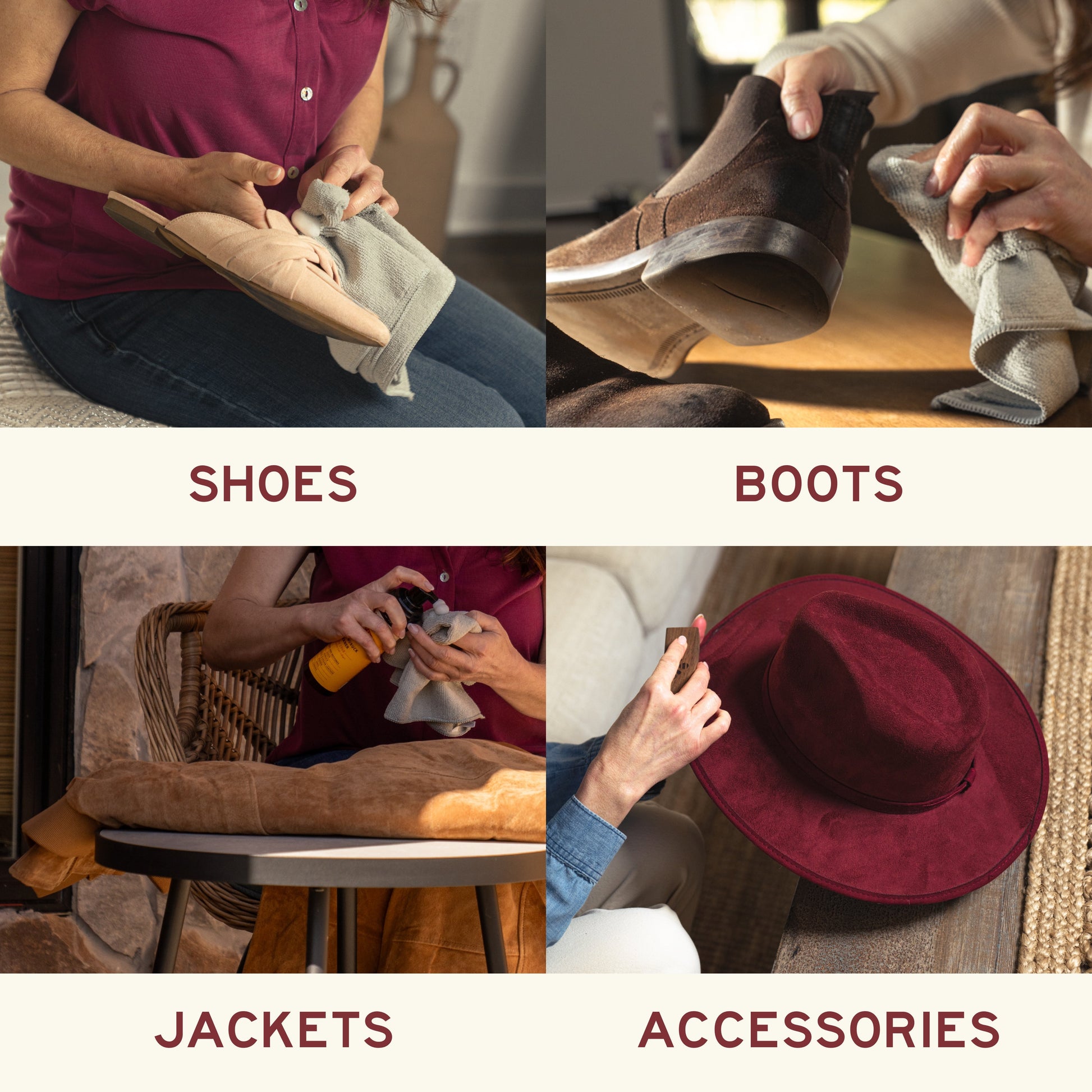 Collage of people cleaning shoes, boots, jackets, and a hat with text labels below each category.
