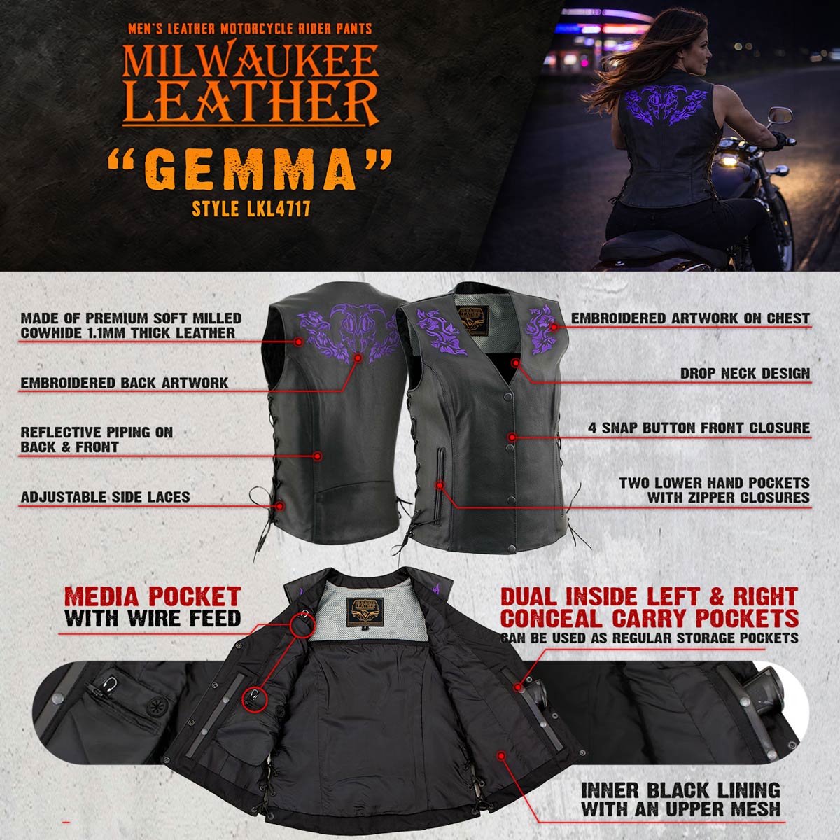 Milwaukee Leather Women's Gemma Black/Purple Leather Motorcycle Vest with Side Laces - LKL4717