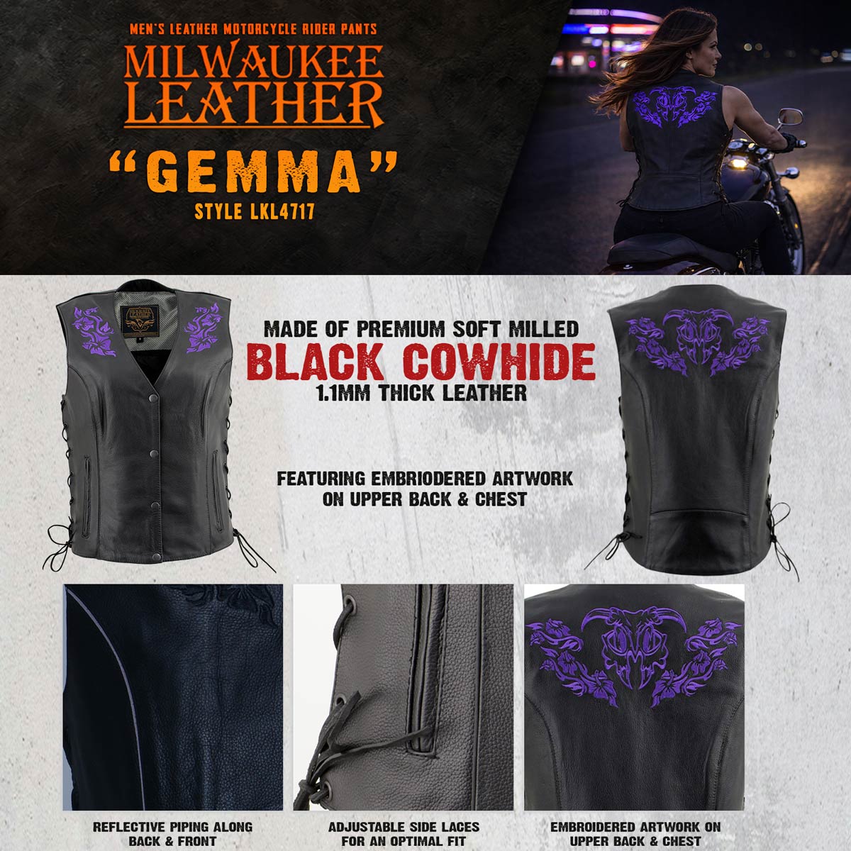Milwaukee Leather Women's Gemma Black/Purple Leather Motorcycle Vest with Side Laces - LKL4717