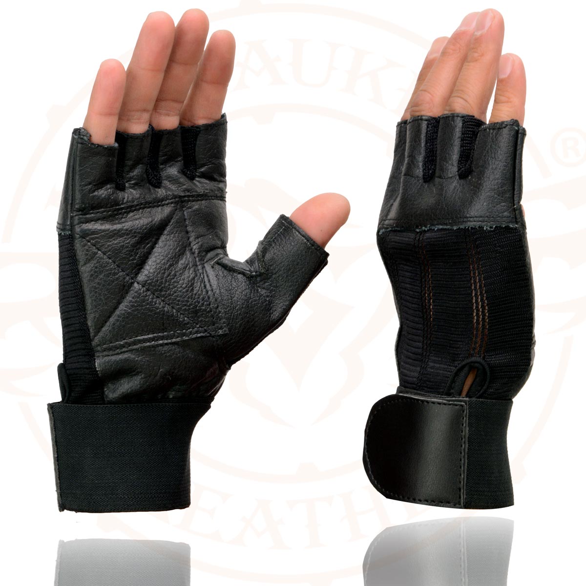 Milwaukee Leather MG7562 Men's Black Leather and Spandex Gel Padded Palm Fingerless Motorcycle Hand Gloves W/ Mesh Material