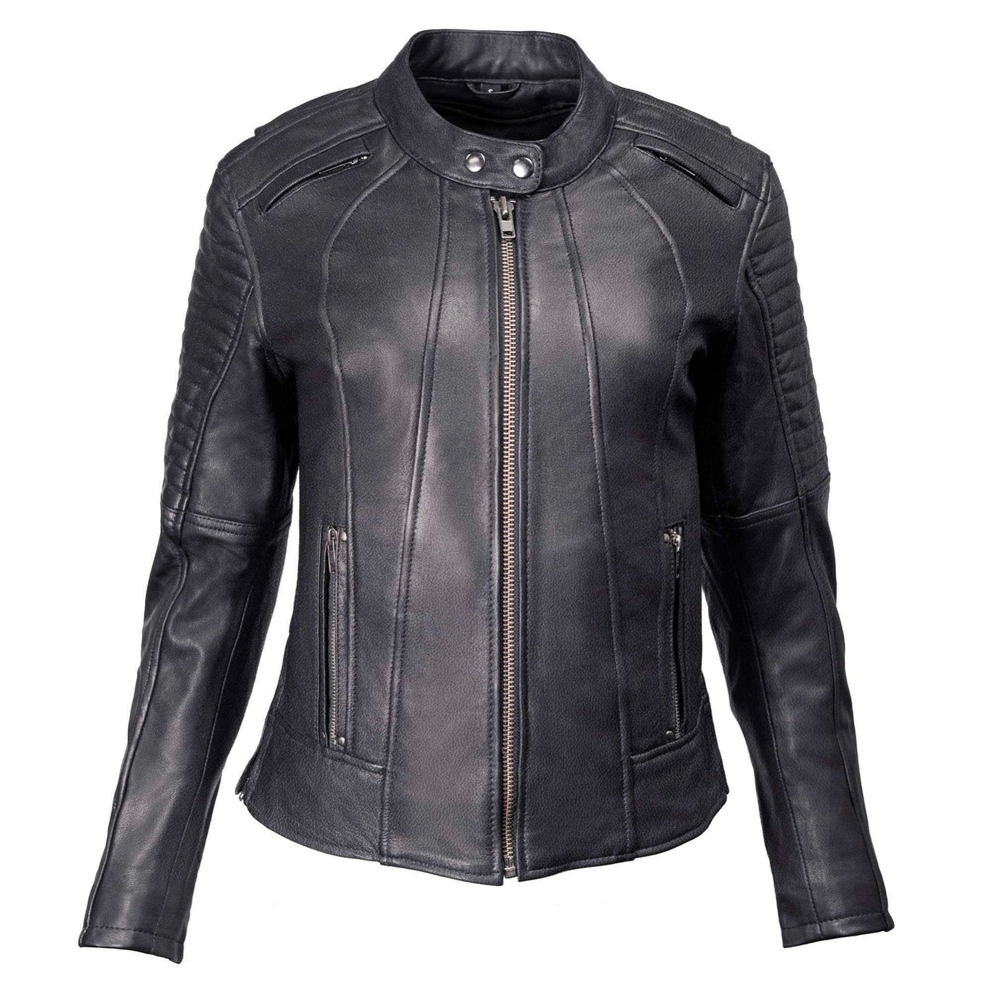 Milwaukee Motorcycle Clothing Co. Women's Foxy Scooter Style Black Premium Leather Jacket w/ Mandarin Collar MMC20000