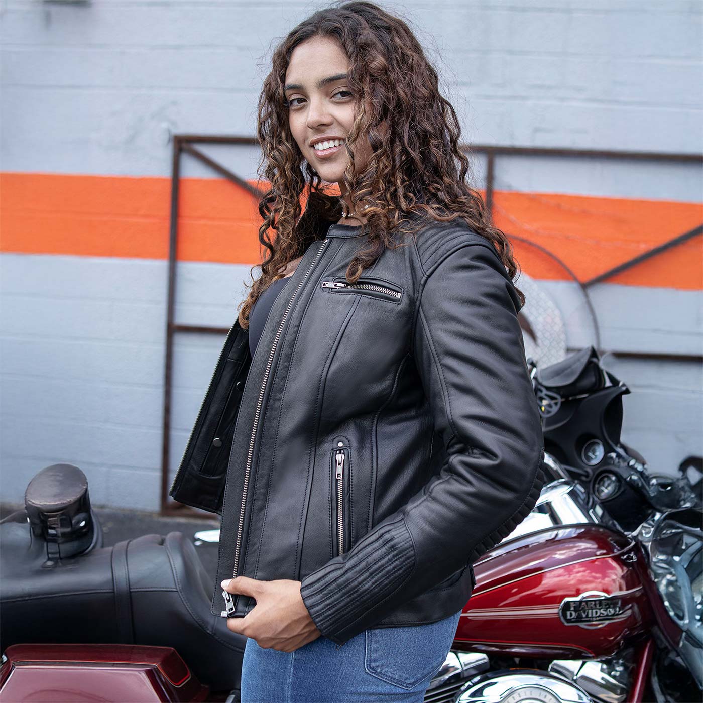 Milwaukee Motorcycle Clothing Co. Women’s Rebel Scooter Style Black Leather Biker Jacket w/ Mandarin Collar MMC20002