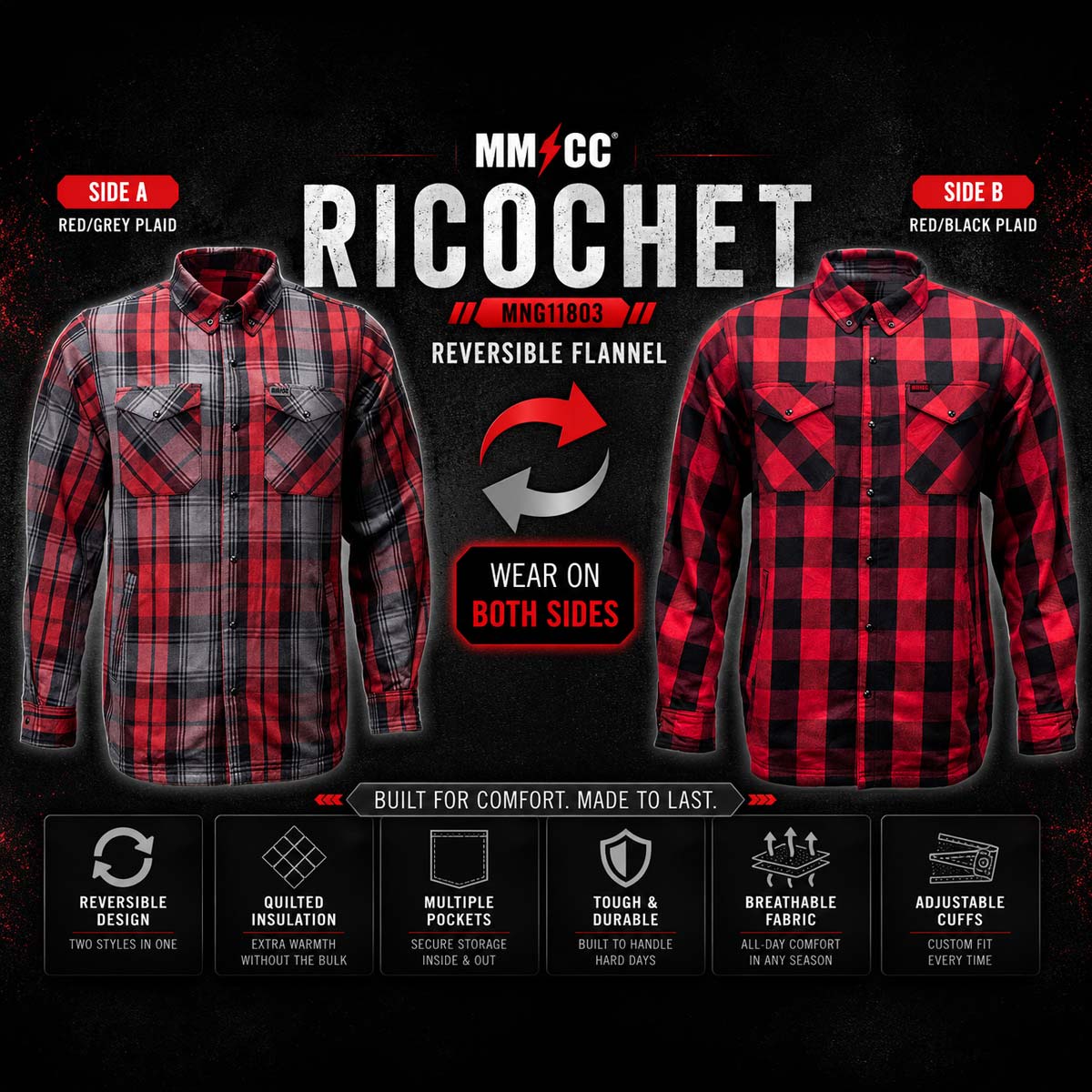 MMCC Men's 'Ricochet' Reversible Flannel Shirt - 100% Cotton Snap Front Plaid w/ Chest and Hand Pockets - MNG11803