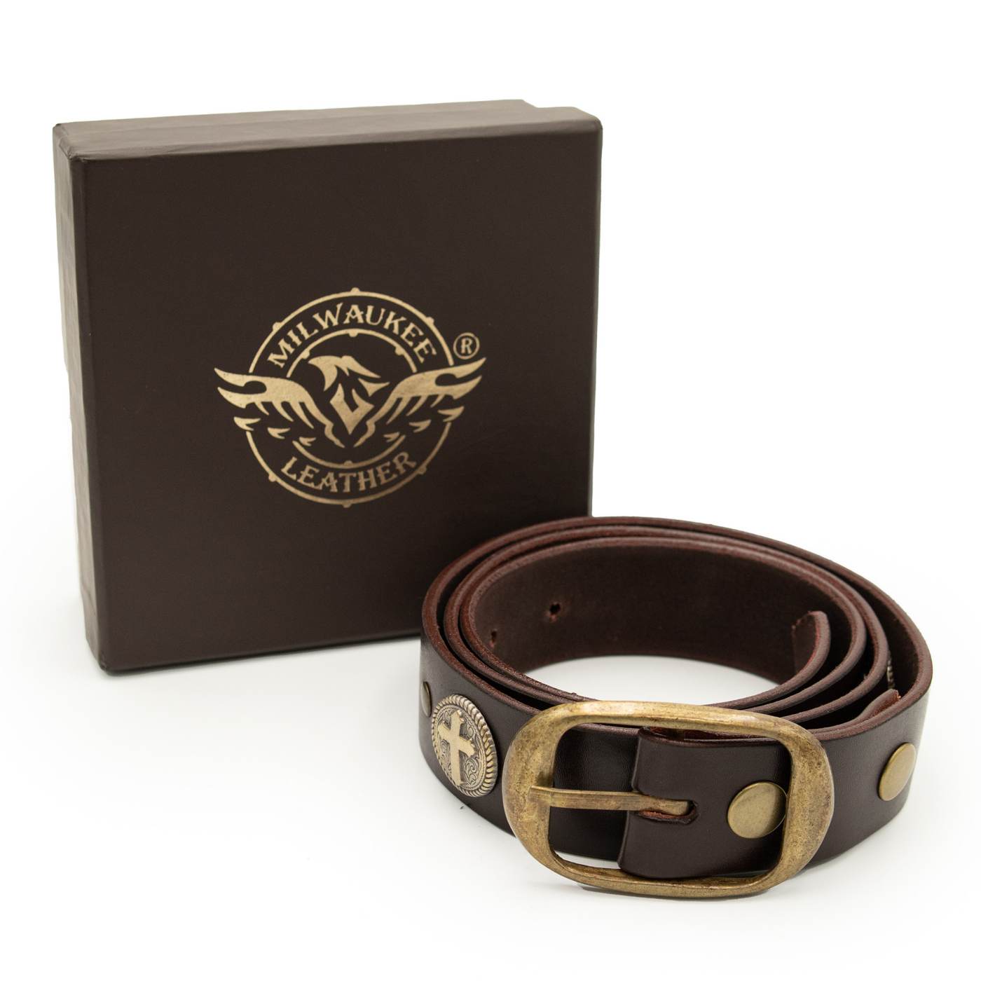 Milwaukee Leather Men's Cross Circle Brown Leather Belt w/ Interchangeable Buckle - 1.5 inches Wide - MP7127
