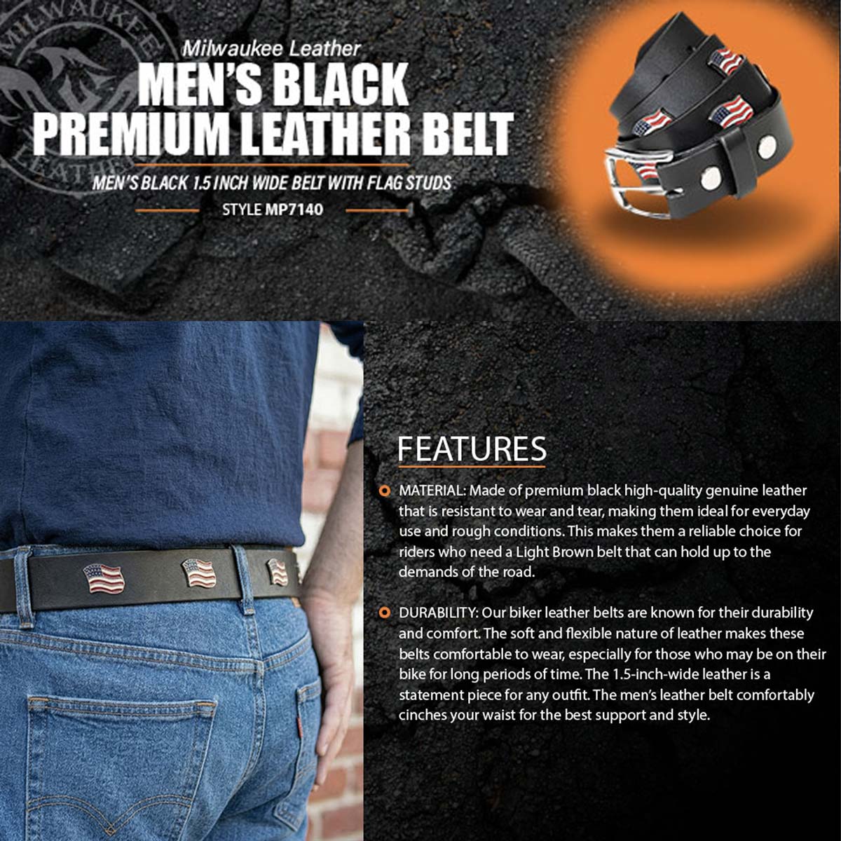 Milwaukee Leather Men's Frontier Star Black Leather Belt with Western Star Emblems  - 1.5 Inch Biker Belt - MP7135