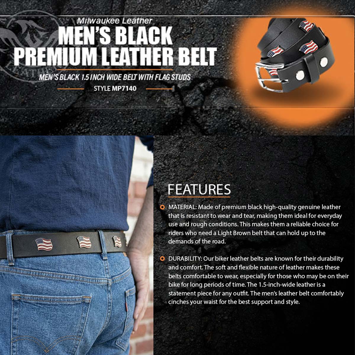 Milwaukee Leather Men's Freedom Line Black Leather Belt with USA Flag Emblems - 1.5 Inch - MPM7140