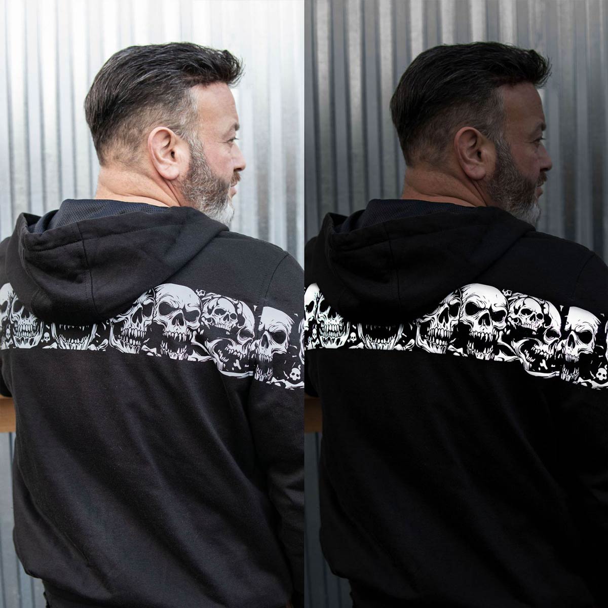 Milwaukee Leather Men's Bare Bones Black Reflective Skull CE Armored Riding Hoodie, Shoulder & Elbow Armor - MPM1798