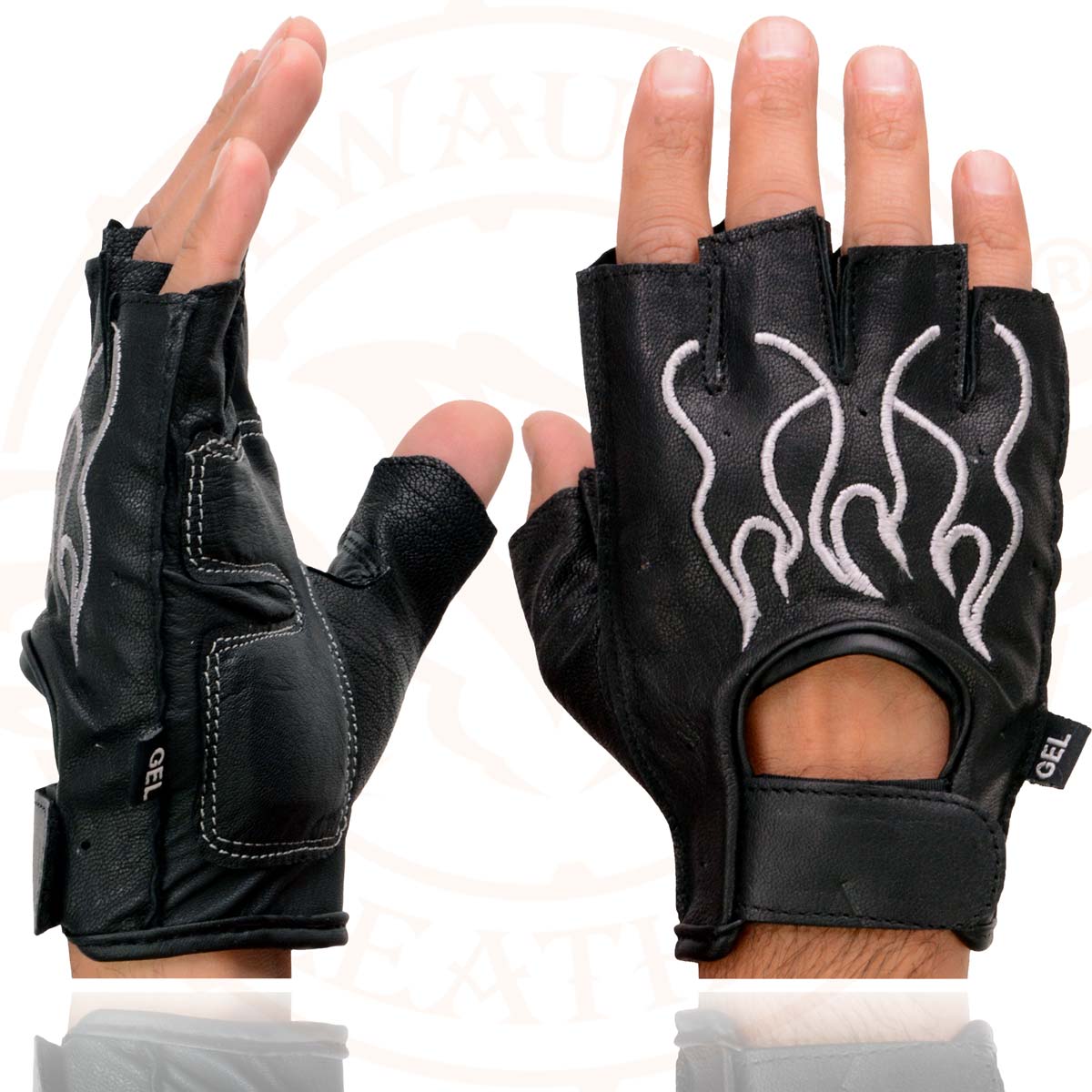 Milwaukee Leather SH198 Men's Black Leather Gel Padded Palm Fingerless Motorcycle Hand Gloves W/ ‘Grey Flame Embroidered’