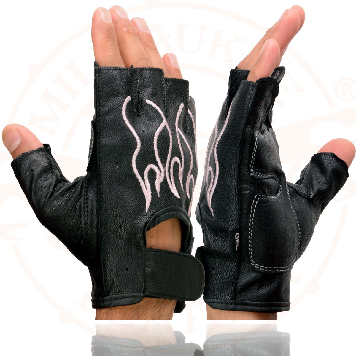 Milwaukee Leather SH198 Women's Black Leather Gel Padded Palm Fingerless Motorcycle Hand Gloves W/ ‘Pink Flame Embroidered’