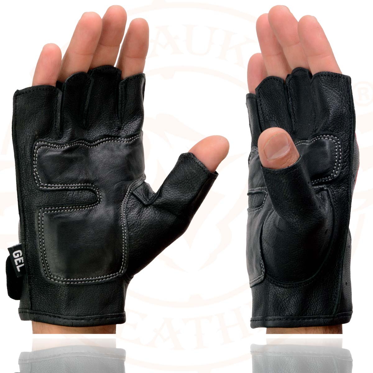 Milwaukee Leather SH198 Women's Black Leather Gel Padded Palm Fingerless Motorcycle Hand Gloves W/ ‘Pink Flame Embroidered’