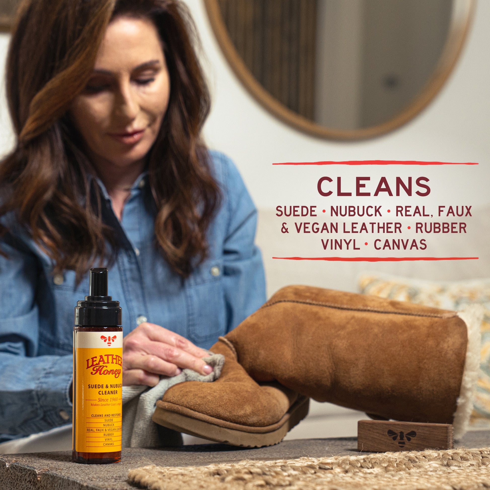 Woman cleaning brown boots with a bottle of leather cleaner, text about product uses.